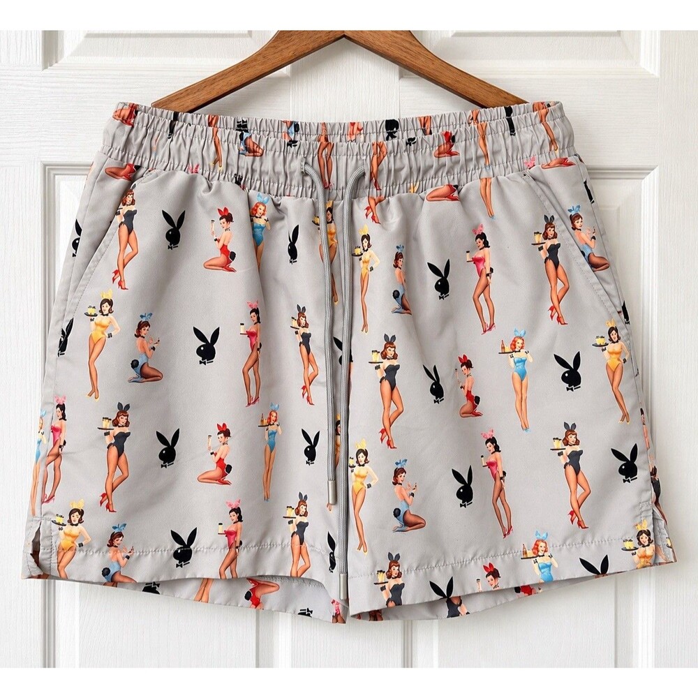 Playboy Bunny Shorts Men’s M Gray Pin Up Girls Swim Trunks Lounge Y2K
